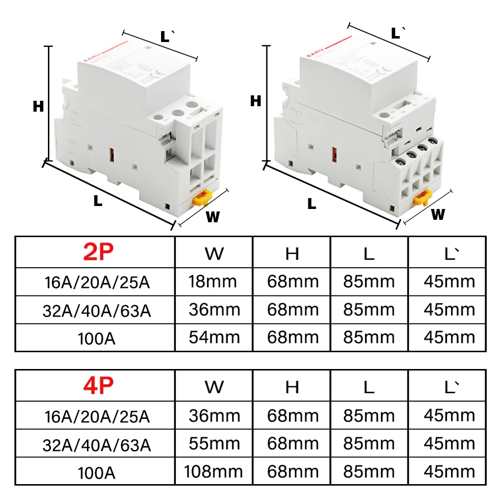 2P 4P 16-100A AC 110V 220V DC 12V 24V 50/60Hz Din Rail Household AC Modular Contactor Switch Controller DIY Smart Home Hotel