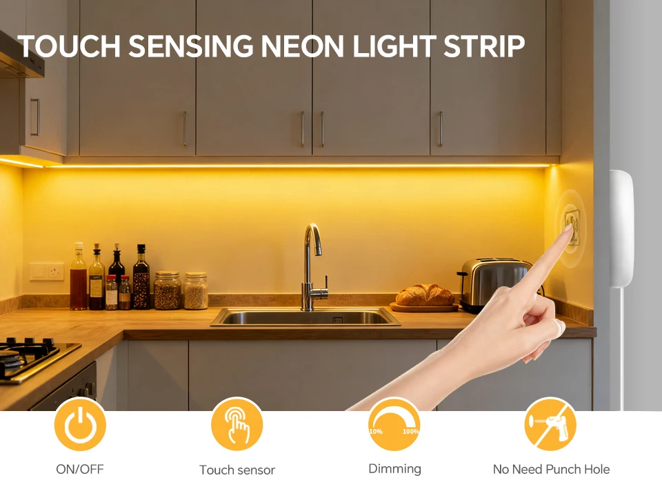 Selbstklebende COB-LED-Unterschranklampe, Küchenleuchte, Touch-dimmbar, Silikagel, Neonlichter, Klebeband, 2 m, 3 m, 5 m, 10 m, Dekorbeleuchtung – Detail 1