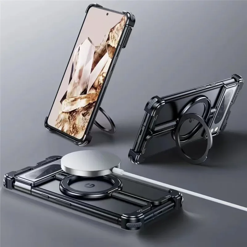 

Luxury Magsafe Magnetic Metal Rimless Stand Phone Case For Google Pixel 8 Pro Aluminum Alloy Shockproof Metal Lens Protect Cover