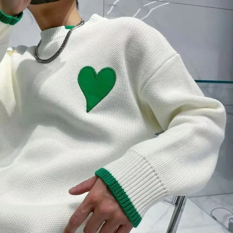 White Heart Knit Sweater Male Round Collar Graphic Men\'s Clothing Crewneck Green Pullovers 2024 Tops Trend Maletry Fashion X Old