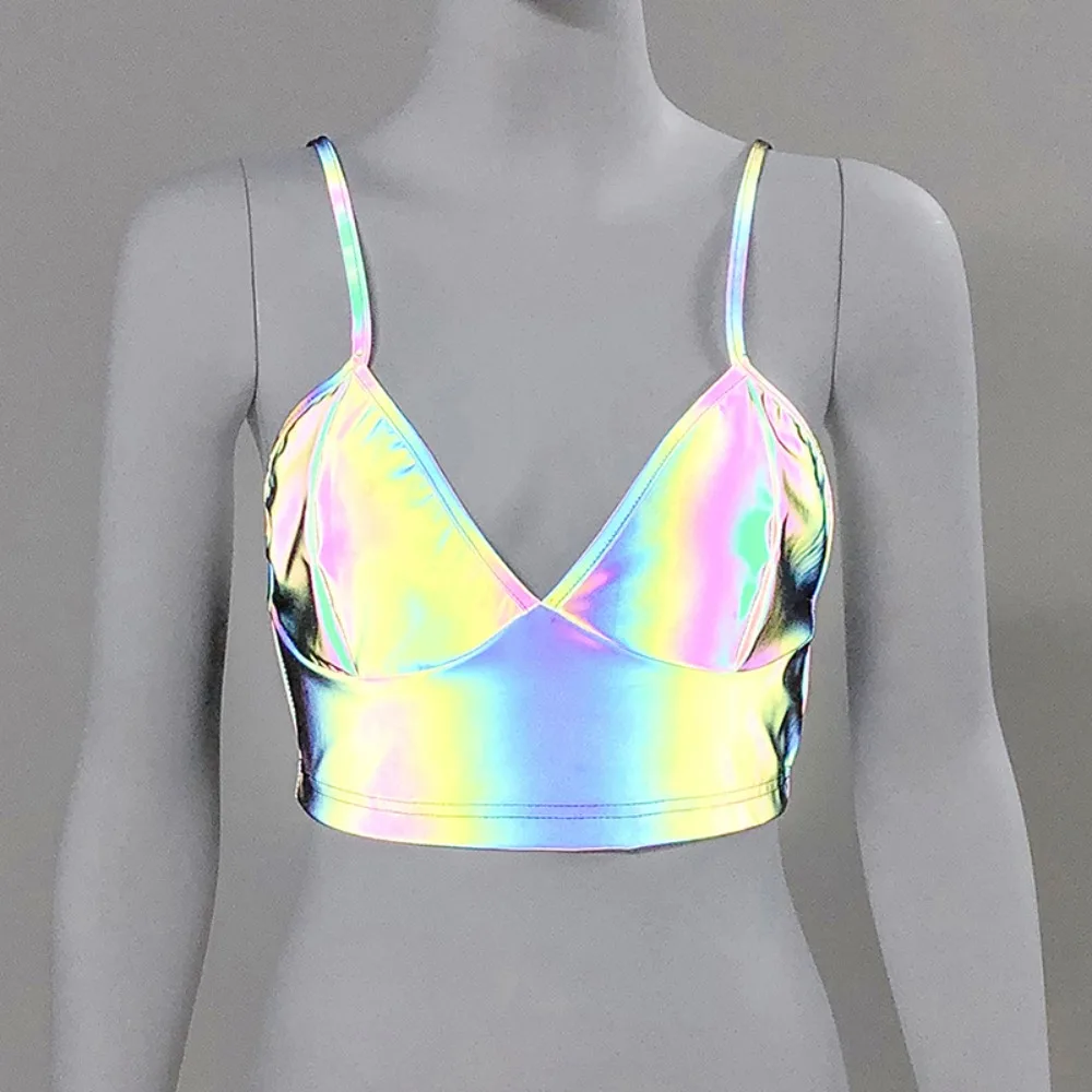 Sexy Colorful Reflective Laser Tops V Neck Slim Tube Chest Wrap Satin Bandeau Underwear Club Party