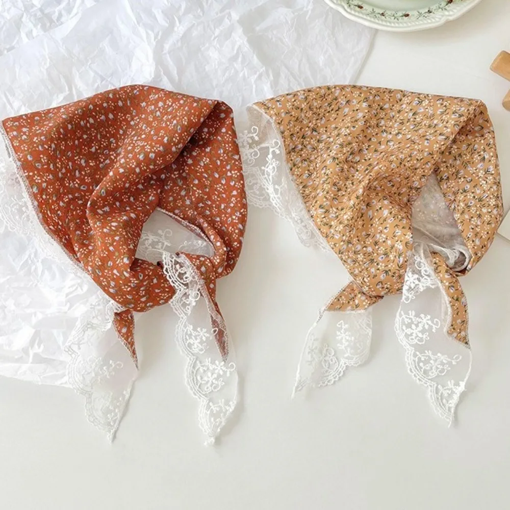 New French Style Triangle Scarf Small Flowers Lace Turban Bandana Hair Accessories Fabric Headbands for Spring Summer