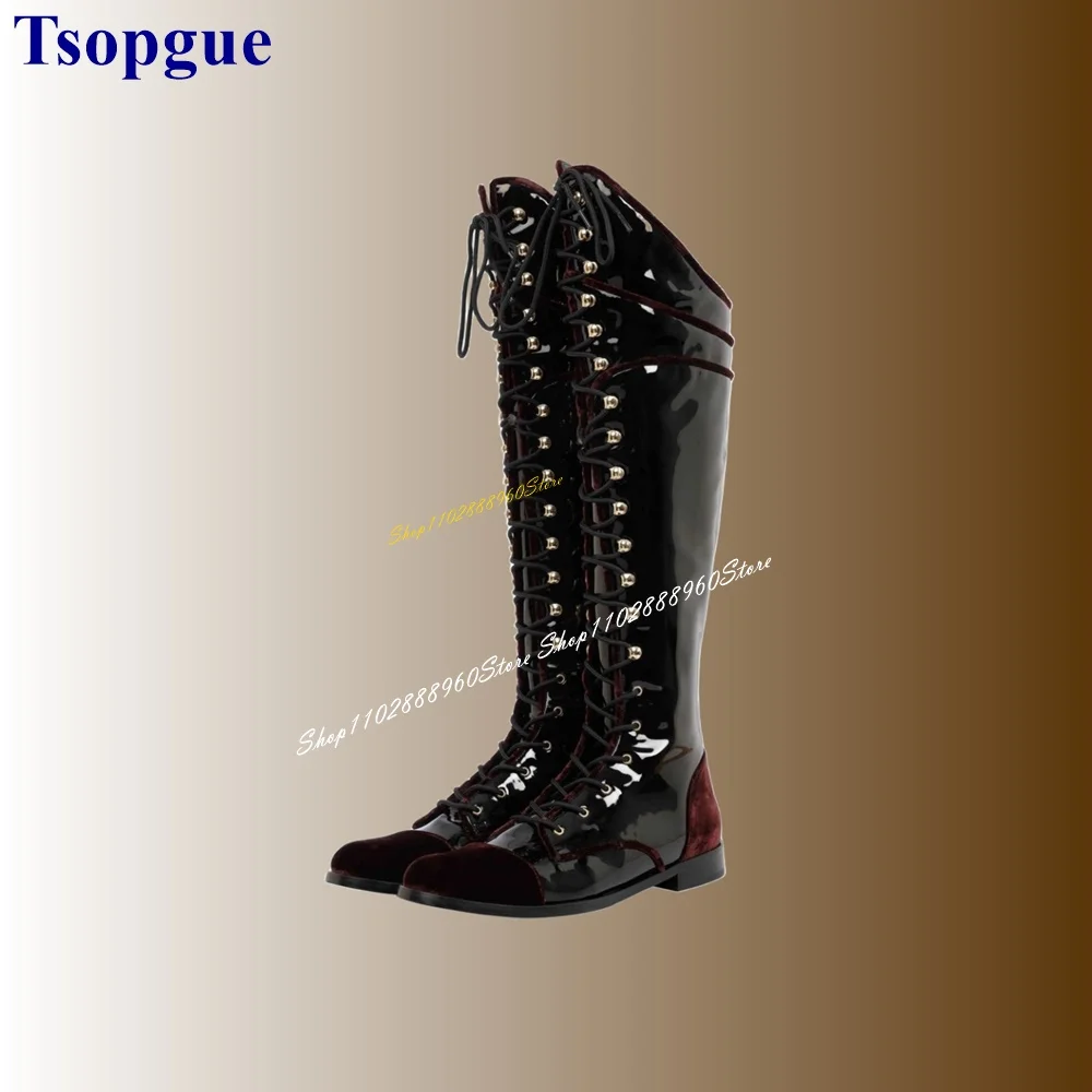 

Cross Tied Burgundy Splicing Beveled Knight Boots Knee High Flat With Shoes For Women Round Toe 2024 Fashion Zapatos Para Mujere