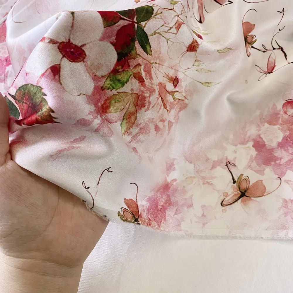 Pink Peach Blossom Silk Crepe Satin Fabric Silk Satin Cloth Cheongsam Pajamas Printed Silk Scarf