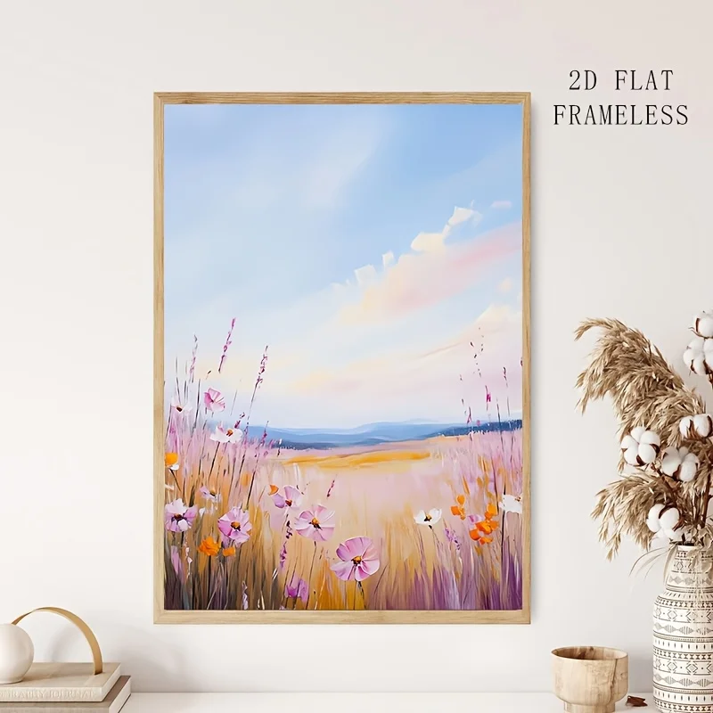 2D Flat, 1pc Pastel Flower Field Canvas Print - Vertical Frameless Wall Art Suitable for Home,, - or Small Pastel Floral Land