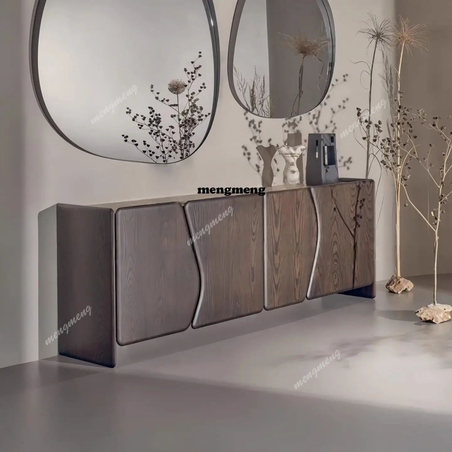 Retro solid wood dining side cabinet, grotto rock slab light luxury designer villa living room high-end secret cabinet