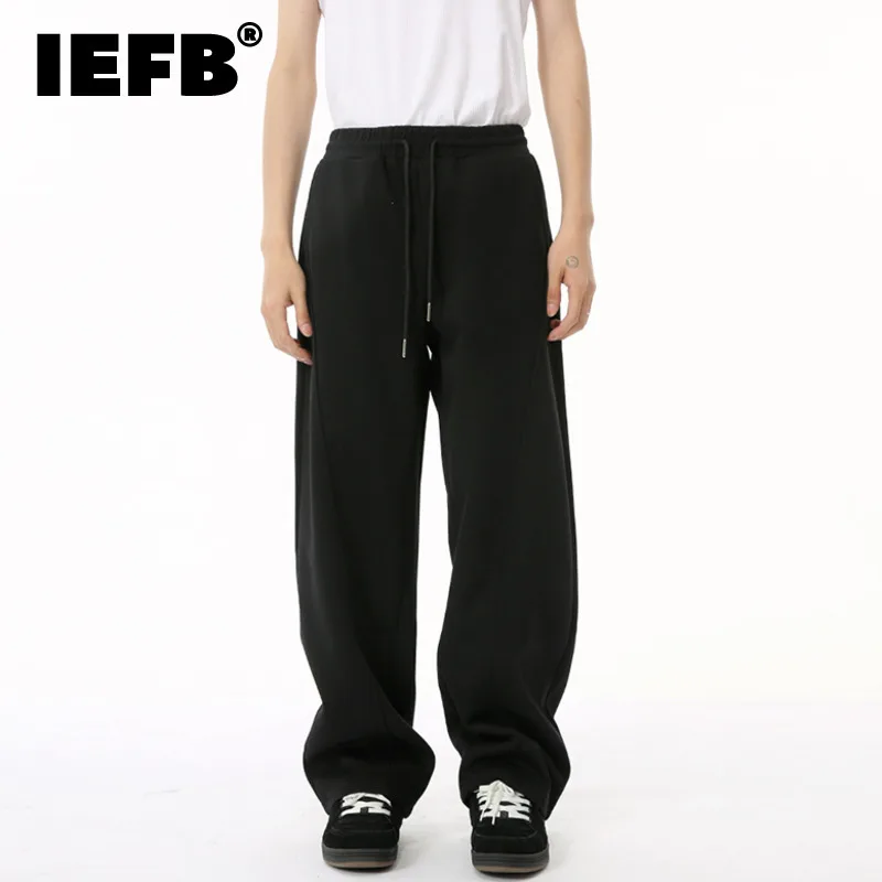 

IEFB New Trend Men's Casual Pants Loose Drawstring Straight Wide Leg Elastic Waist Solid Color Male Trousers New Simple 9C6826