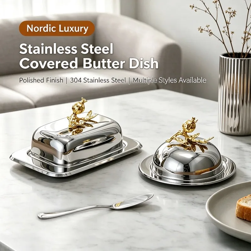 European Style 304 Stainless Steel Butter Dish with Lid Luxury Cheese Storage Box Table Decor Ornament for Western Dining