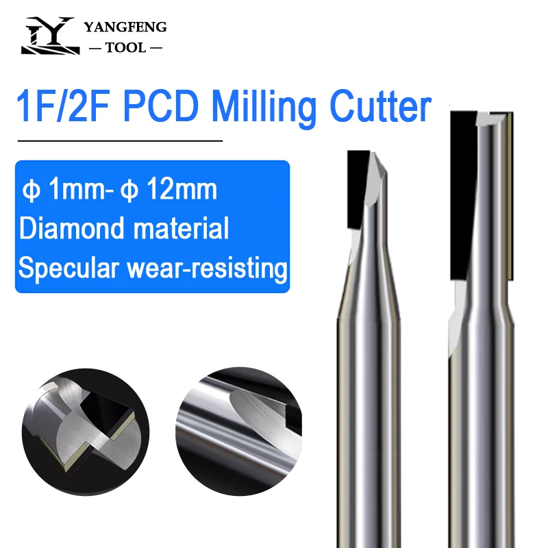 1pc PCD Straight Bit 1F/2F Diamond Milling Cutter 4mm 6mm 8mm 10mm 12mm Graphite Silicon Carbide Aluminum High gloss CNC Tools