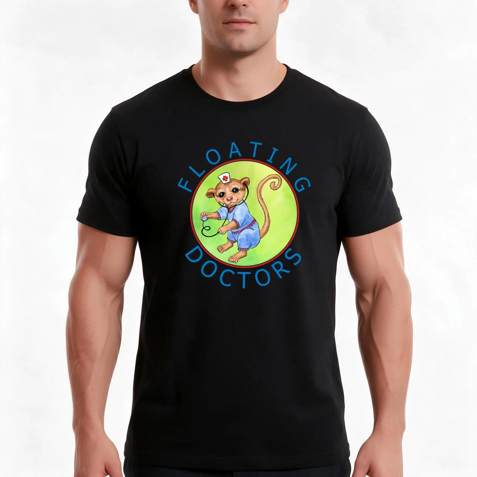 Floating Doctors Dr Kinkajou Red Circle Collection T-Shirt, Summer Casual Cotton Tee, Oversized Streetwear Tops, 100% Cotton