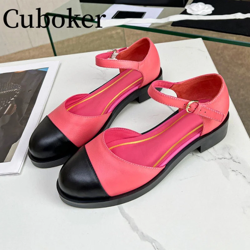 

Brogue Shoes Color Blocking Genuine Leather Women Chunky Heels Round Toe Ankle Buckle Mary Jane British Loafers Ladies Oxfords