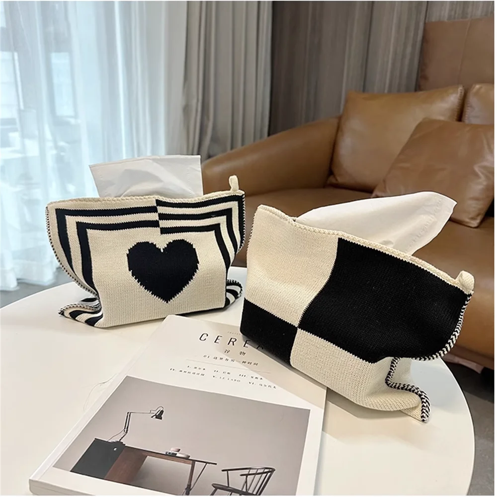 

Decoration Knit Desktop Tissue Box Foldable Reusable Heart and Plaid Napkin Cover Dustproof Home Livingroom Car Paper Towels Bag