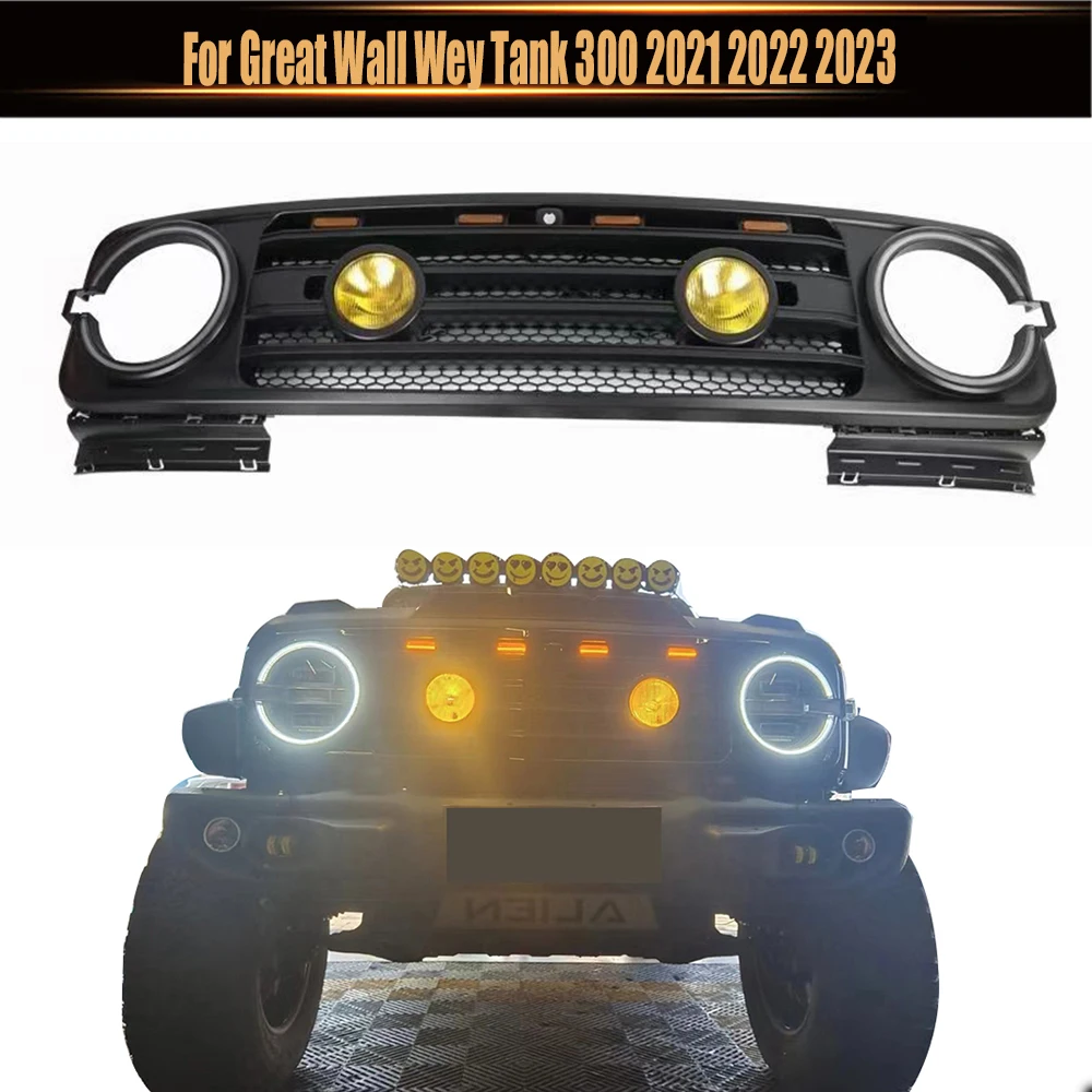 Car Upper Racing Grills With Yellow Lights Front Hood Bumper Mesh Vent Mask Grill For Great Wall Wey Tank 300 2021 2022 2023