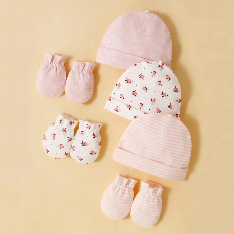 3 Sets of Baby Girls Hats and Gloves 100% Cotton Soft and Comfortable Preventing Scratches On The Face Fashionable Simple