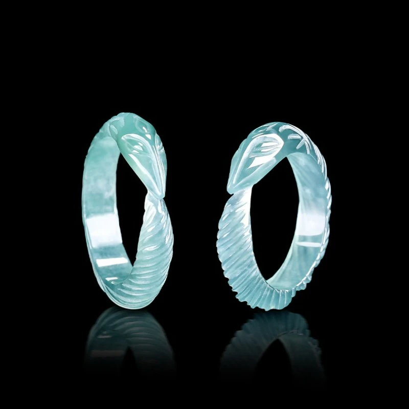 

Original Natural A-grade Jade Blue Water Ring Three-dimensional Carving Ice Jadeite Personalized Men Women Couples Gift