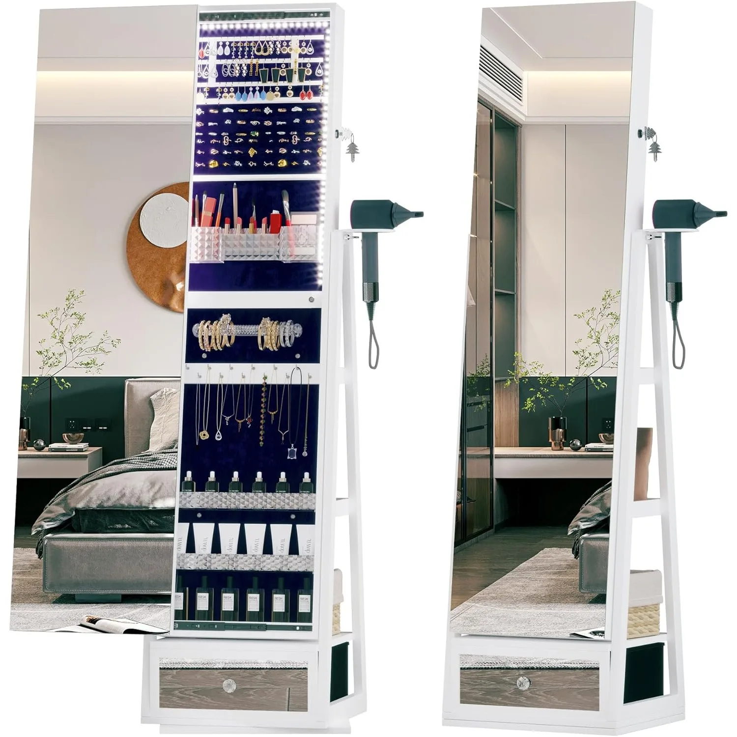 

Full Length Mirror with Jewelry Armoire Storage - 360 Rotating Standing Jewelry Organizer Cabinet with Interior LED Lights