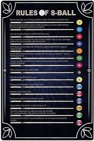 Plaque Métallique Amusante sur le Billard : Règles du 8-Ball – Décoration Rétro pour Salle de Jeu, Cave, Garage, Maison
