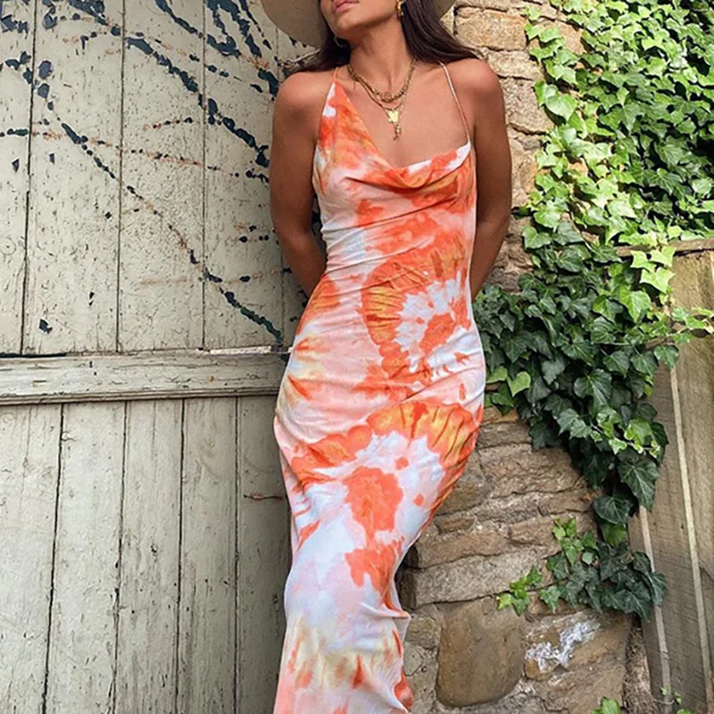 

Sexy Backless Bandage Lace-up Sling Dress Women Elegant Off Shoulder Slim Holiday Dress Fashion Printed Hight Waist Long Dresses