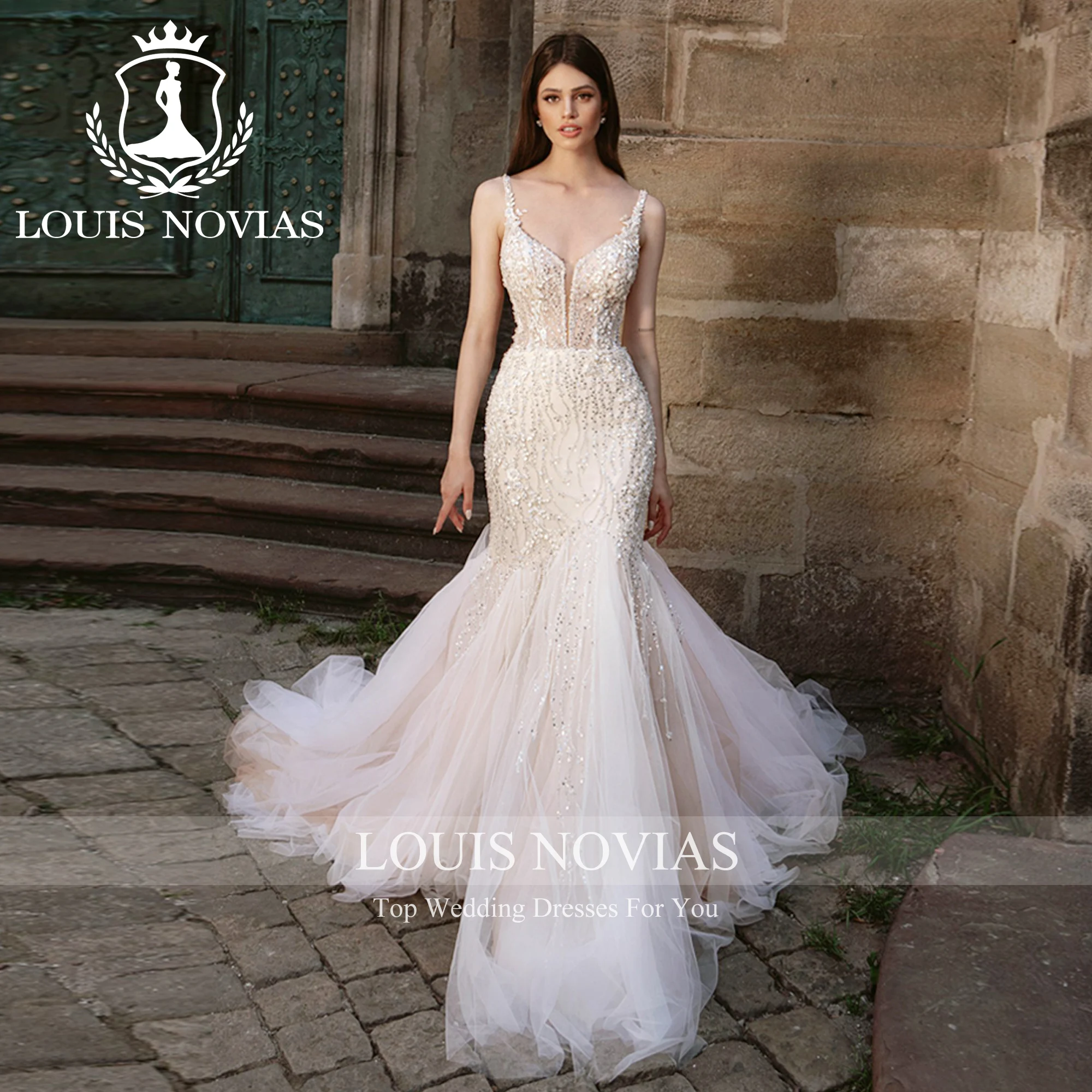 LOUIS NOVIAS-vestido De Novia De sirena, traje De boda con escote Corazón, tirantes finos, apliques, lazo De lentejuelas, Hada, 2023