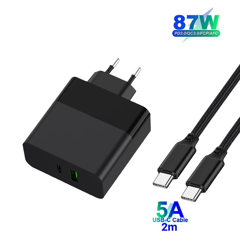 87W PD Type-C Fast Charging Adapter 2 Port Travel Charger For MacBook Air iPhone 13 Pro Dell HP ASUS Nintendo Switch 2M Cable