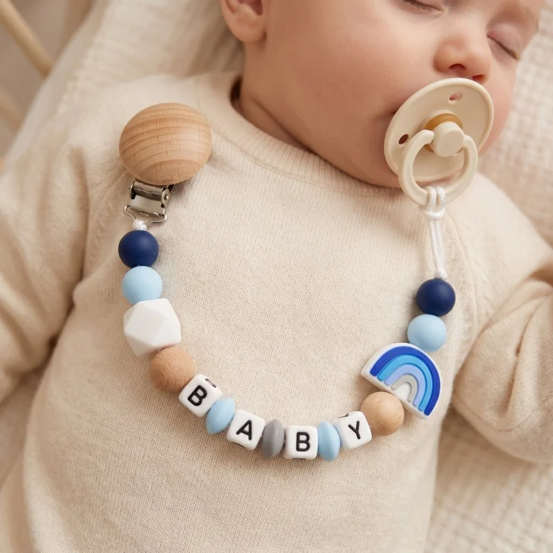 

Ersonalized Baby Pacifier Clip Custom Name Silicone Beads Rainbow Teether Holder BPA Free Baby Shower Gift Chupetero Attache