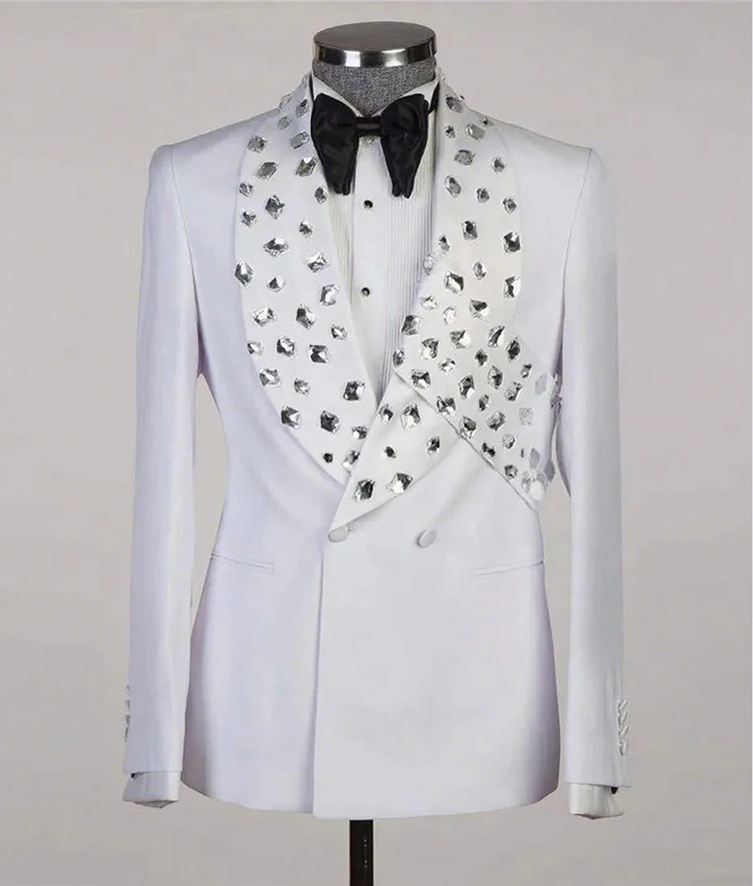 

Men's Classic Groom Formal Blazer with Rhinestone Lapel Double Breasted Wedding Prom Party Stage Wear.