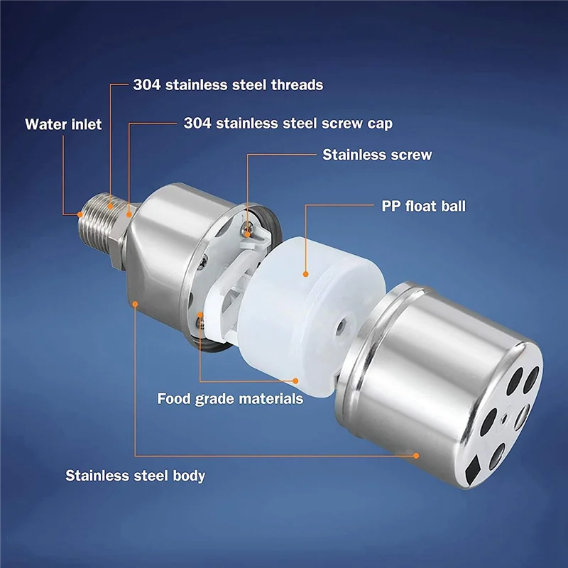 ABZV-Automatic Water Level Control Valve 1/2 Inch Stainless Steel Float Ball Valve for Tank Swimming Pool Straight with Clip