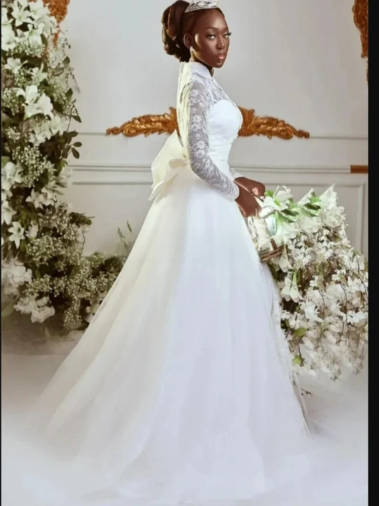 Customized High  Neck Shinny Lace  Pearls  Bridal Dress with Removable Skirt Vestido De Noiva Full Sleeve Trumpet Wedding Gowns