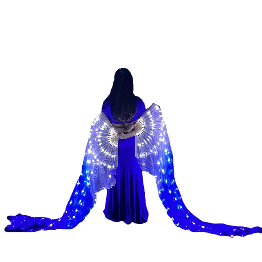 Ruoru One Pairs 100% Silk Belly Dance Fan Veil Gradient White Blue Led Long Fans Performance Props Belly Dance Chinese Dance