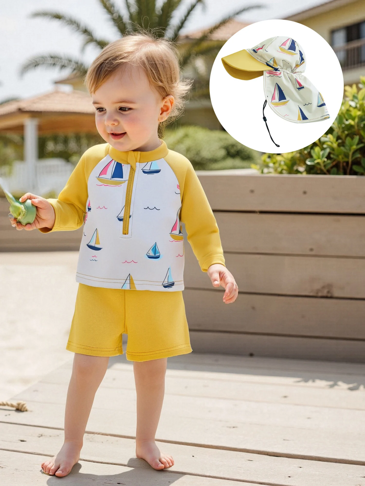 

Детские купальники из 3 предметов для мальчиков, топы на молнии с длинными рукавами и принтом парусника, однотонные шорты и шапочка для плавания, пляжная одежда для мальчиков