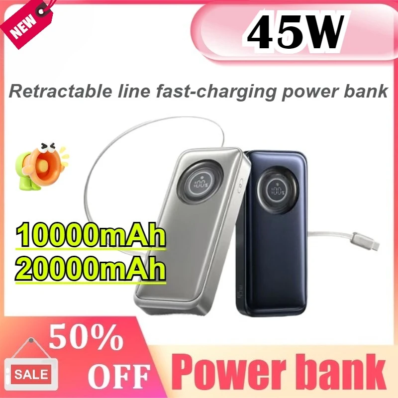 

10000mAh Power Bank 45W Retractable Built-In Type-C Fast Charging Cable For iPhone 17 16 for Samsung S25 Poco for Xiaomi Laptop