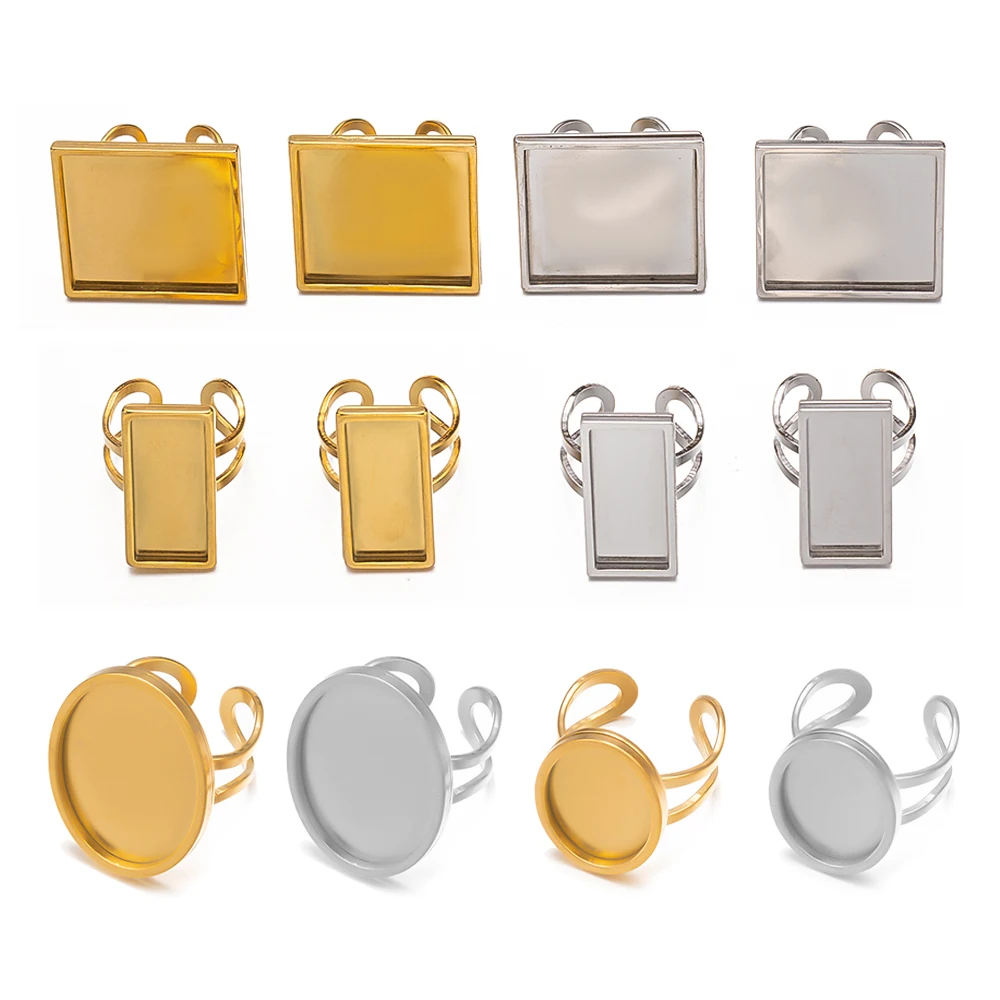 4Pcs  Stainless Steel Square Oval Blank Base Open Adjustable Rings Settings Round Cabochon Trayer Bezel For DIY Jewelry Making