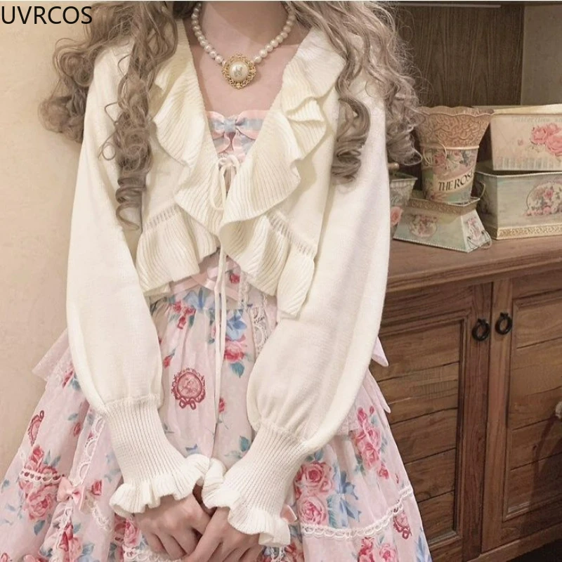 Jesienna Kawaii dla dziewcząt Lolita sweter dziergany słodkie falbany z okrągłym dekoltem sweter z rękawami kloszowymi Top kobiety elegancja bandaż