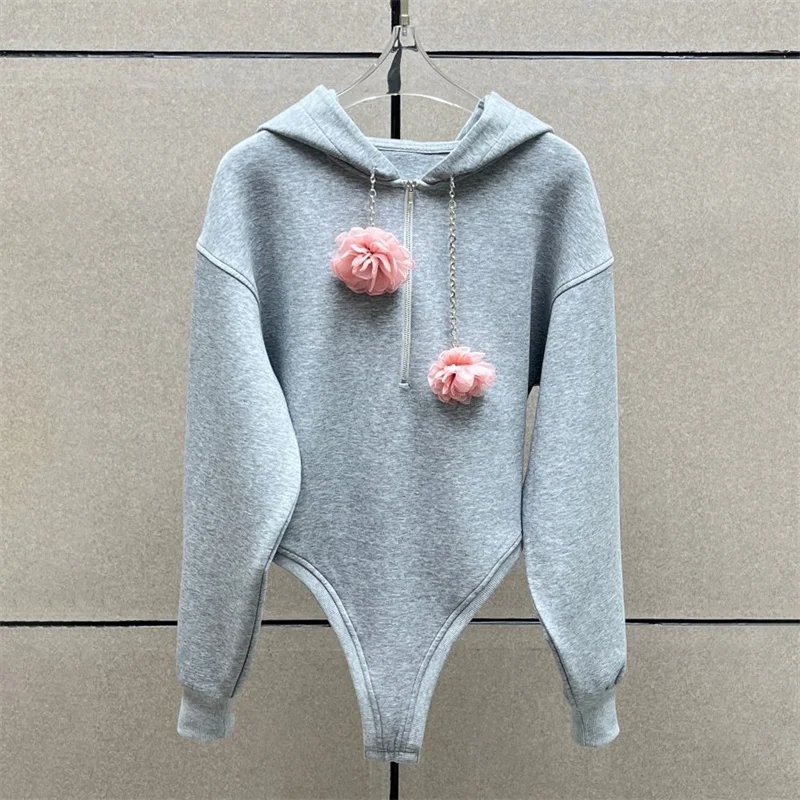 

Women's hoodies New 3D floral decoration hooded long sleeved top for autumn 2025 Cotton blend Sweatshirts Casual Bodysuit women
