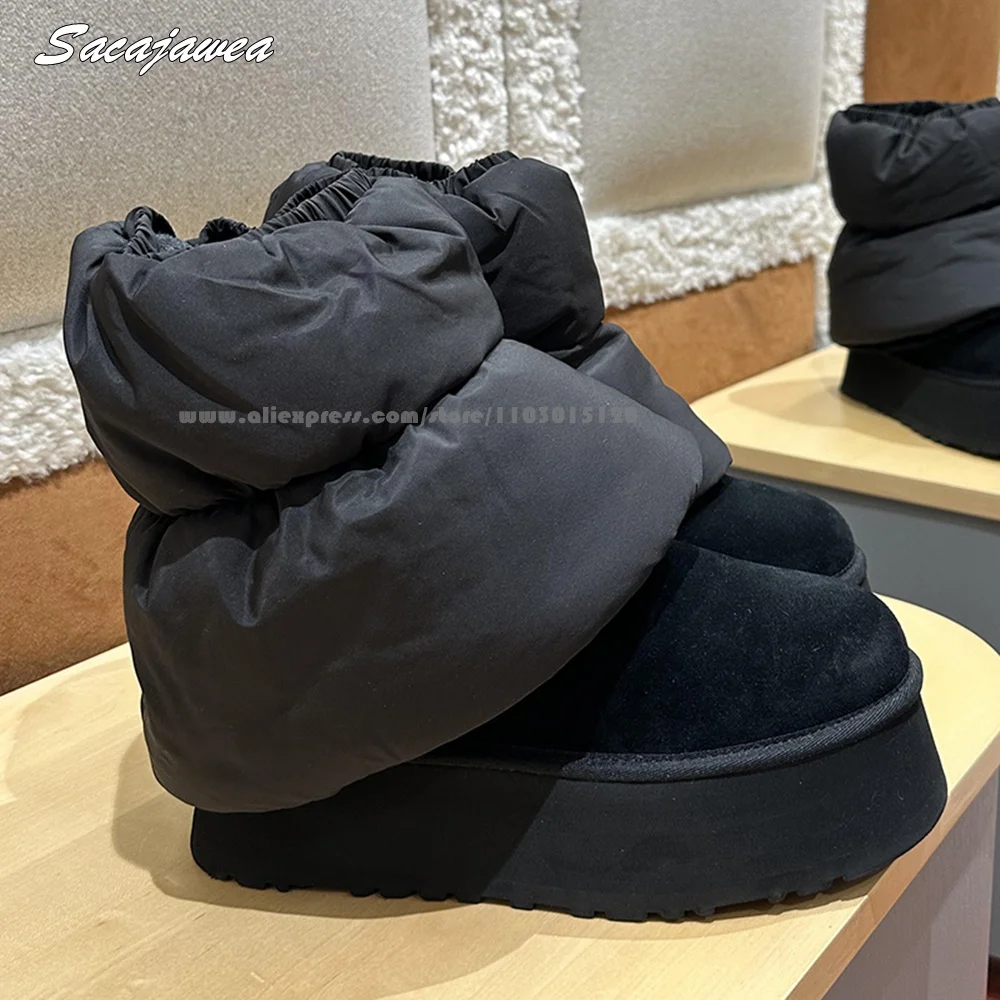 Retro Cow Suede Drawstring Mid Calf Lady Snow Boots Size 35-39 All-Match Casual Boots Round Toe Platform Keep Warm Bread Shoes