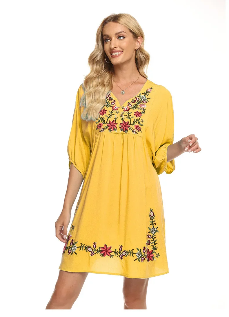 Eaeovni  2022 Summer Dress for Woman Loose V-neck Casual Clothing Cotton Dresses Embroidered Loose Dress