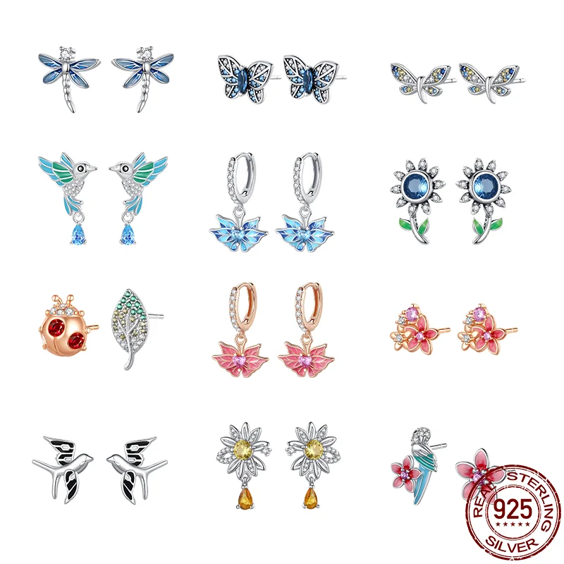 2023 New Sterling Silver 925 Early Spring Flower Bird Dragonfly Earrings For Women Making Jewelry Gift Wedding Party Engagement