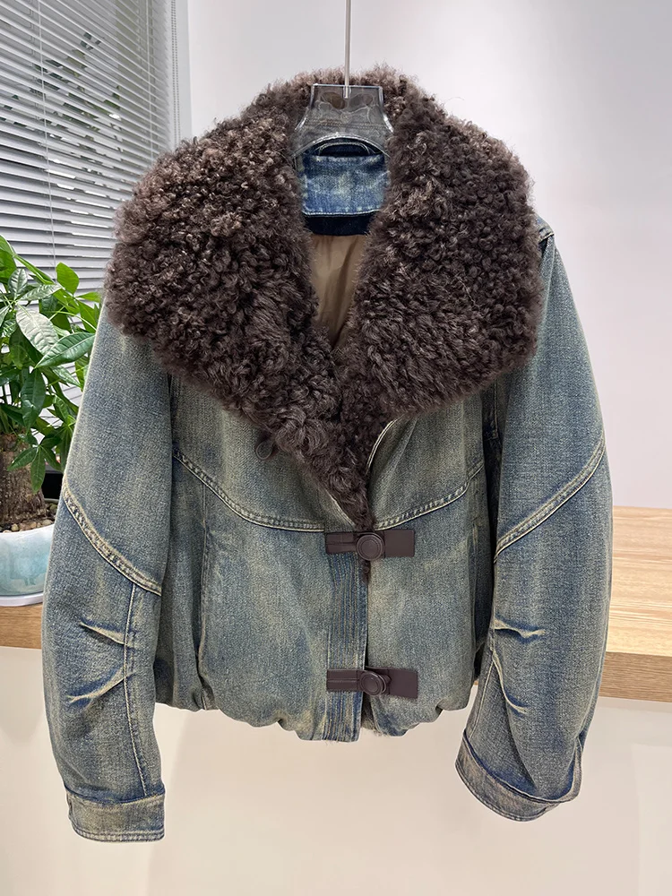 

2025 New Winter Women's Real Goose Down Jacket Natural Lamb Sheep Fur Collar Coats Luxury Female Jacket Denim Outwear
