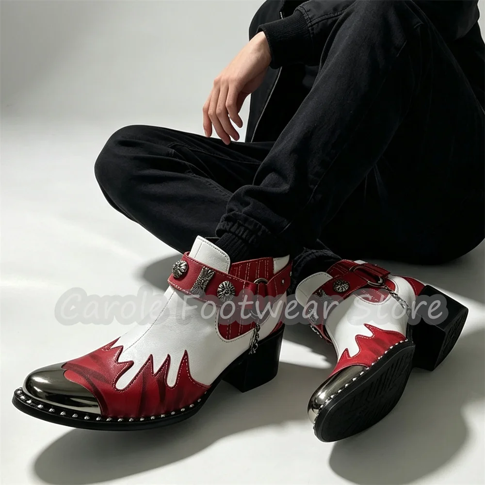 Botas de motociclista góticas punk con remaches, de cuero con empalmes de llamas, de caña alta, con punta metálica y tacón de bloque, estilo cowboy para hombre.