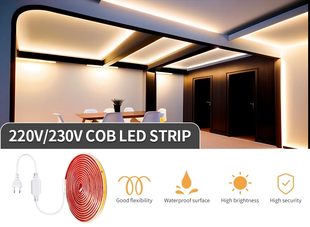 AC 220 V IP65 wasserdichte COB-LED-Streifenlichter, superhell, 296 LEDs/m, flexibles LED-Band mit EU-Stecker, 230 V, lineare Außenbeleuchtung – Detail 1