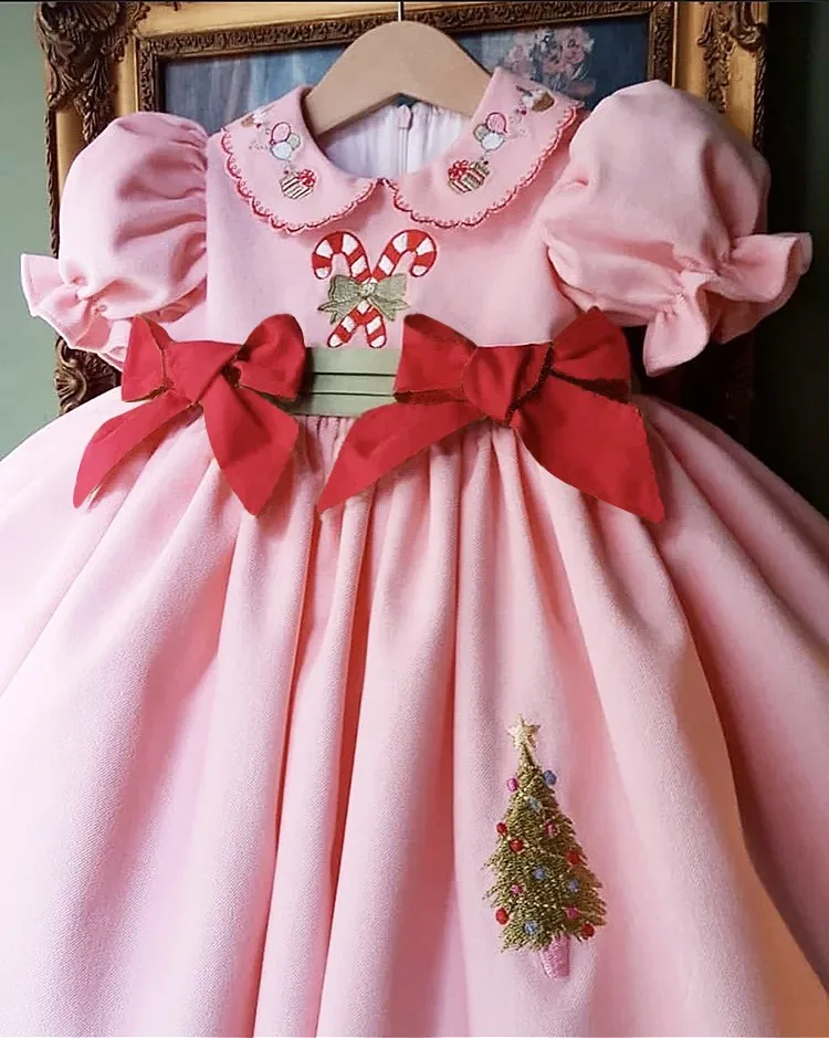 Baby Girl Autumn Winter Pink Candy Cane Christmas Tree Embroidery Vintage Princess Turkish Dress for Christmas Photography Party