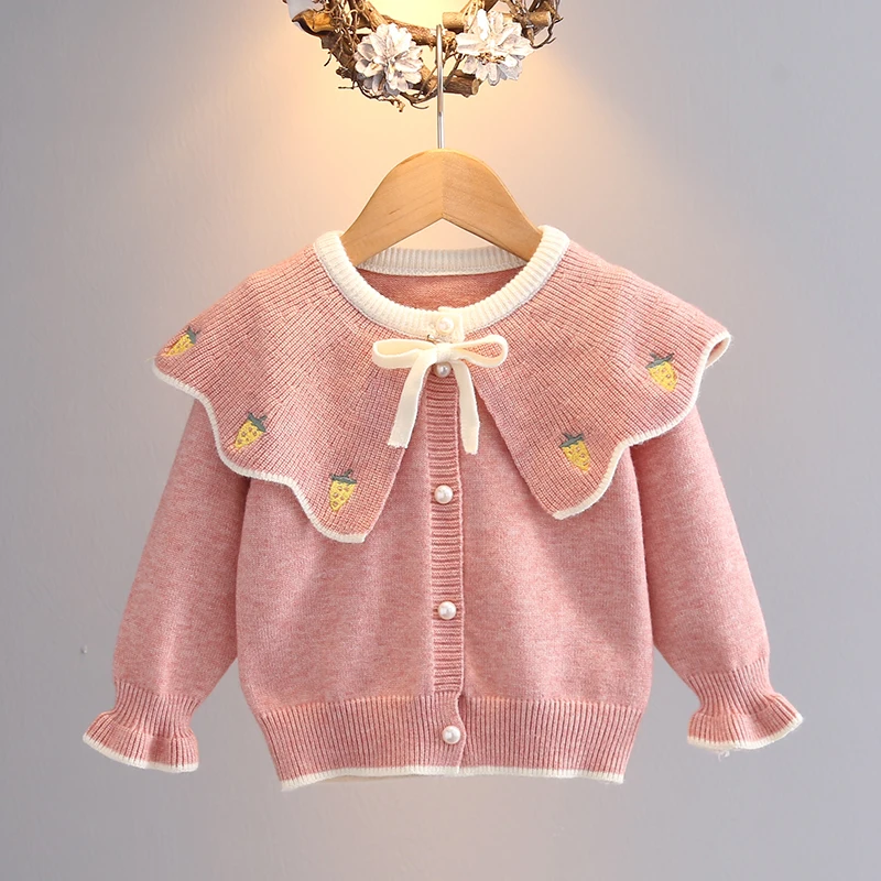 Fashion Girls\' Sweater Cardigan Spring Autumn New Baby Peter Pan Collar Knitted Coats Infant Kids Thicked Warm Sweaters