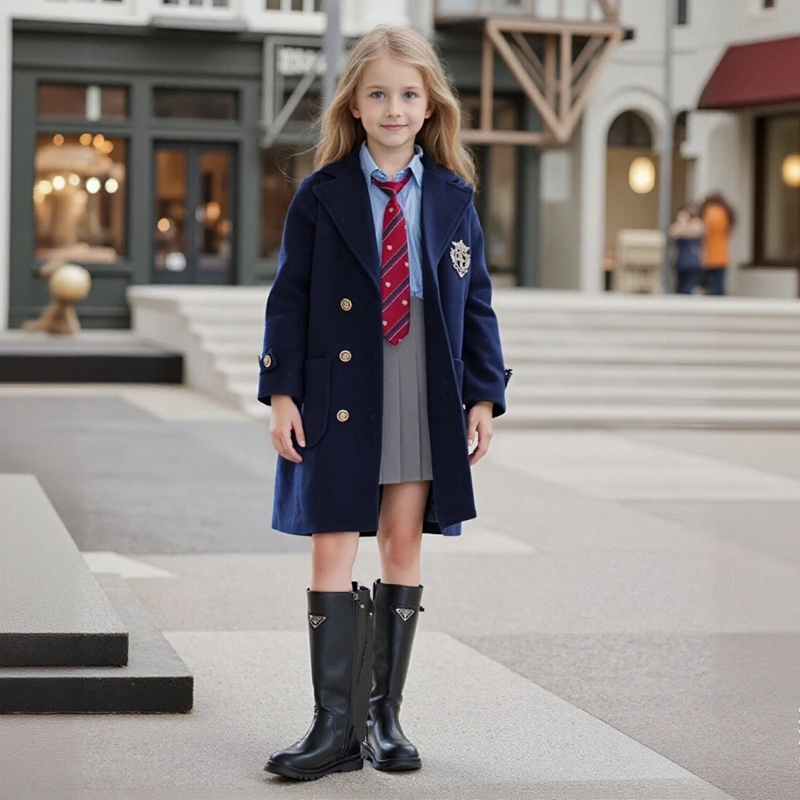 

Teens Girls Winter Jacket Preppy Style Navy Mid-length Wool Coat for Kids Thick Warm Casual All-match School Children Outerwear