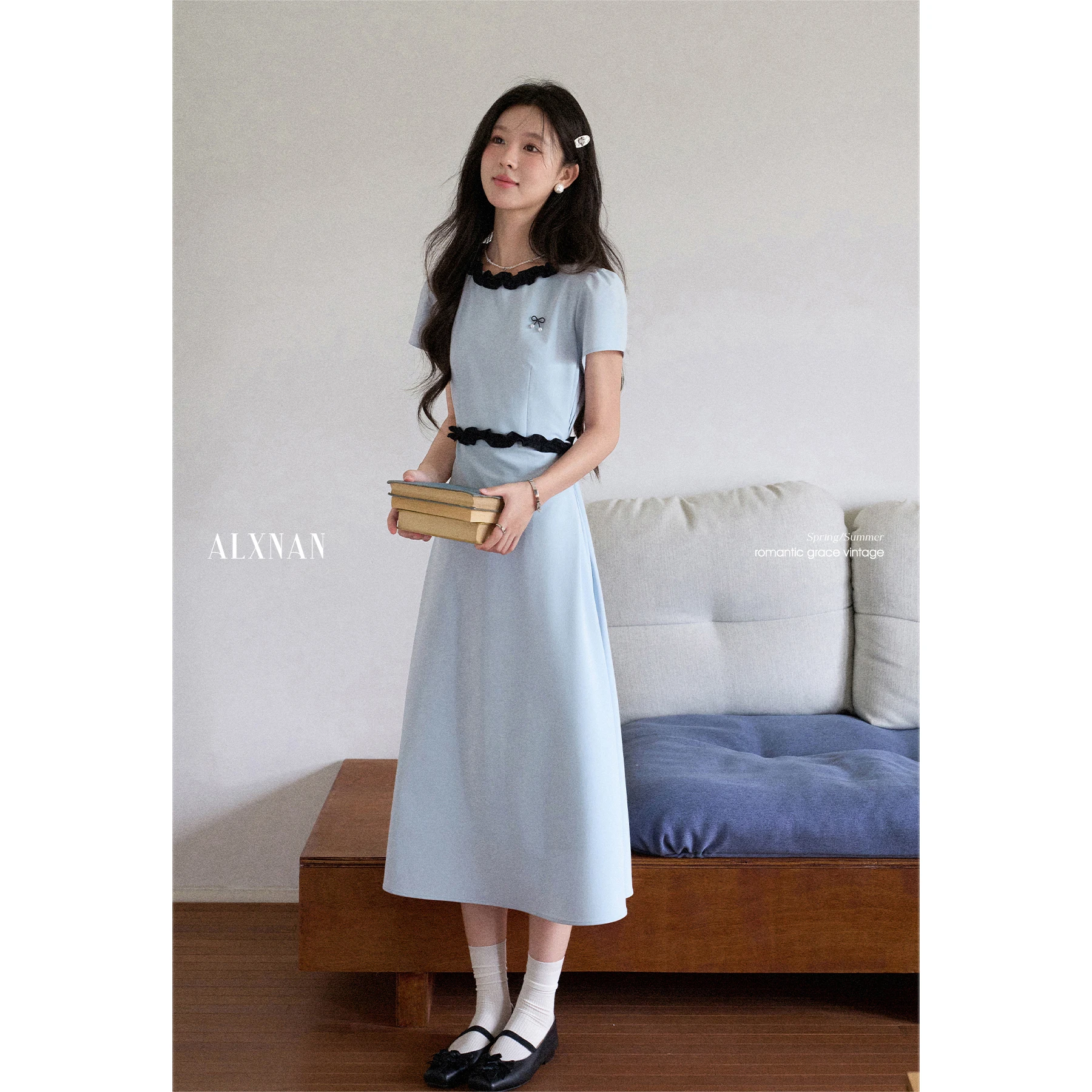 

ALXNAN Blue Dress Women Long Elegant French Short Sleeve Dresses Summer Office Lady Holiday Casual Clothes Ladies DYL661967-1