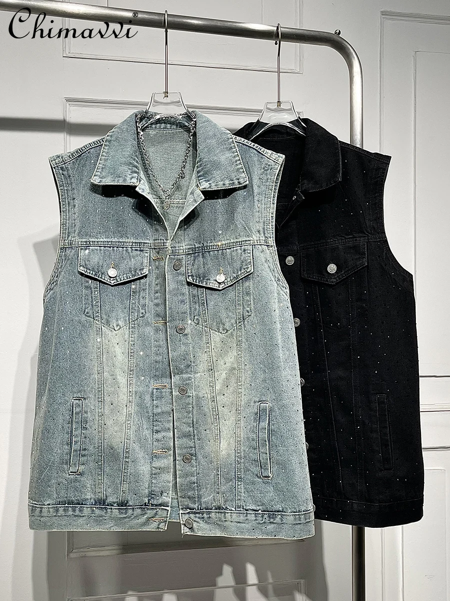 

American Casual Style Heavy Light Diamond Denim Vest Female 2024 Spring New Fashion Loose Slimming Sleeveless Coat Women Top