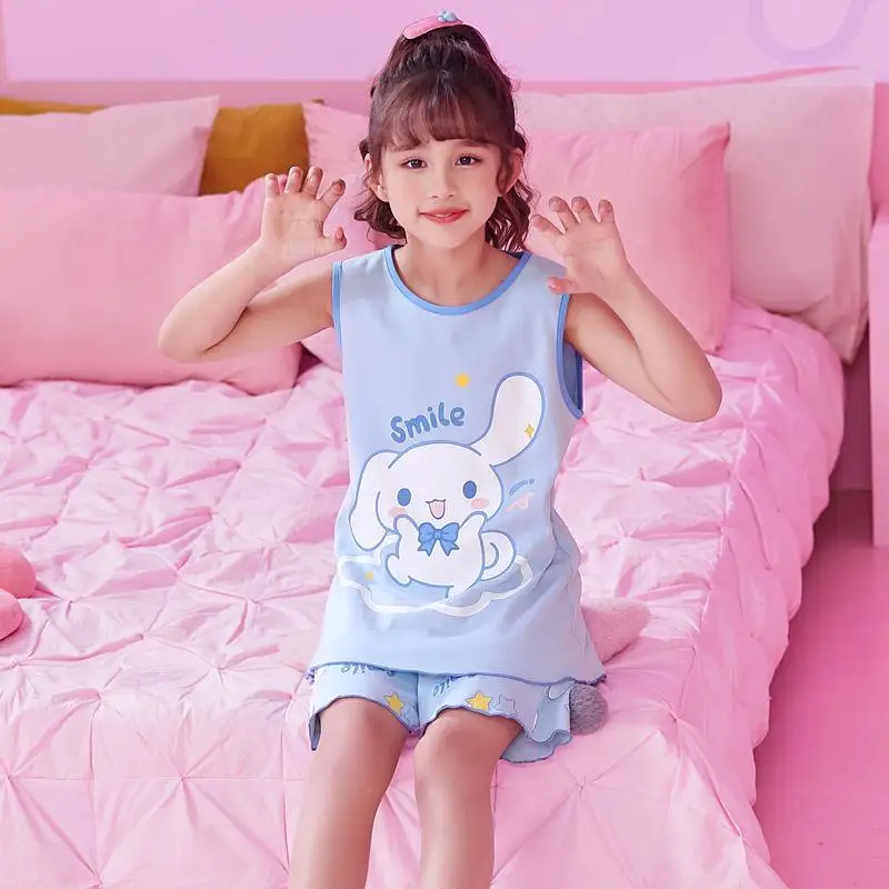 Sanrios 2 قطعة سترة سينامورول السراويل بلدي ميلودي لطيف الأطفال الكرتون الصيف الطفل الساخن أكمام رقيقة ملابس المنزل هدية عيد