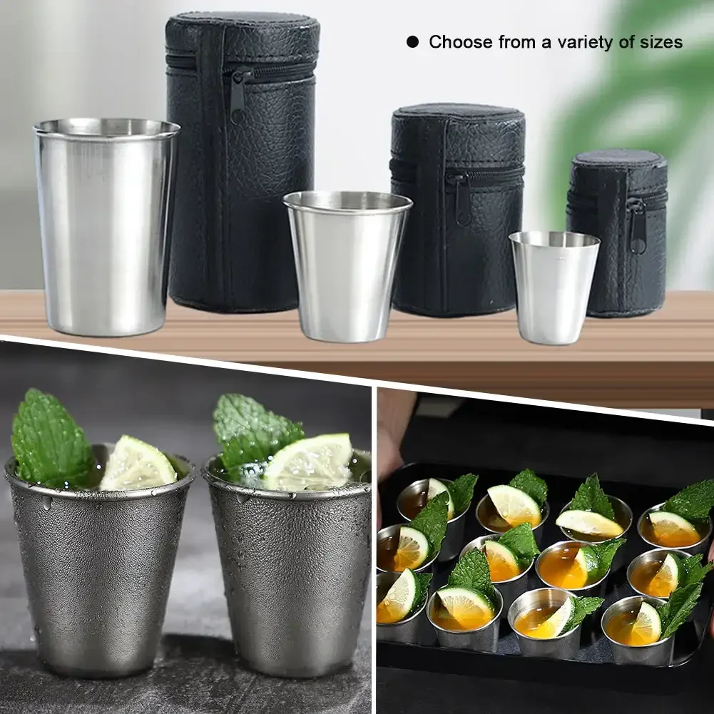 4Pcs Stainless Steel Water Glass With Black Leather Carrying Case Outdoor Camping Practical Travel Whiskey WineGlass 30/70/160ml