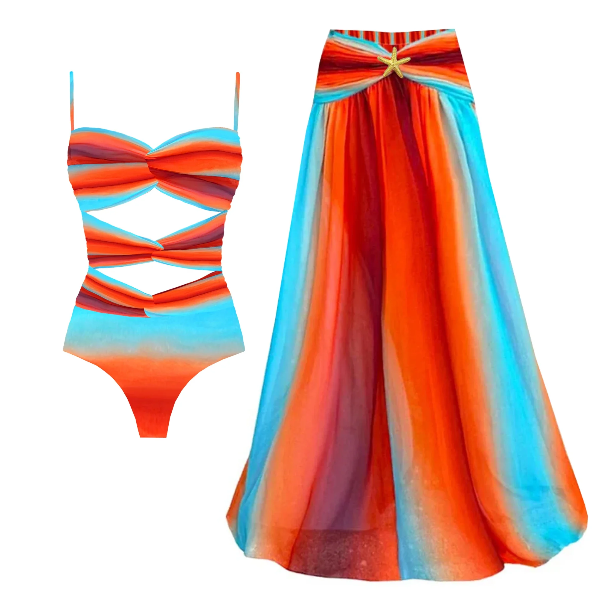 

2025 Style Color Match Swimsuit With Skirt Women 2 Pieces Set Swimsuit Sexy New In Stock Backless Biquini Beach Wear Outfits