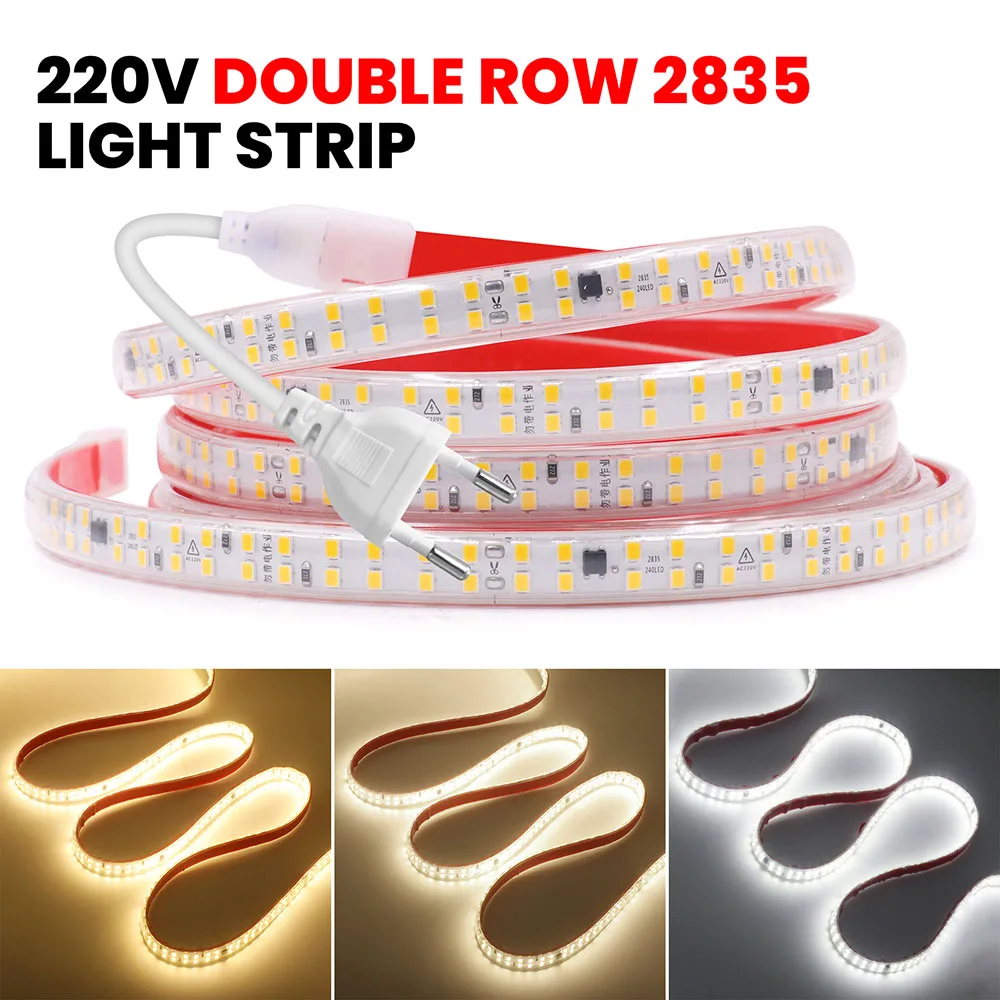 

Double Row 240 LEDs LED Strip Light 2835 High Brightness 220V EU Powe Plug Flexible Tape Waterproof 0.5m 1m 2m 5m 10m 20m 30m