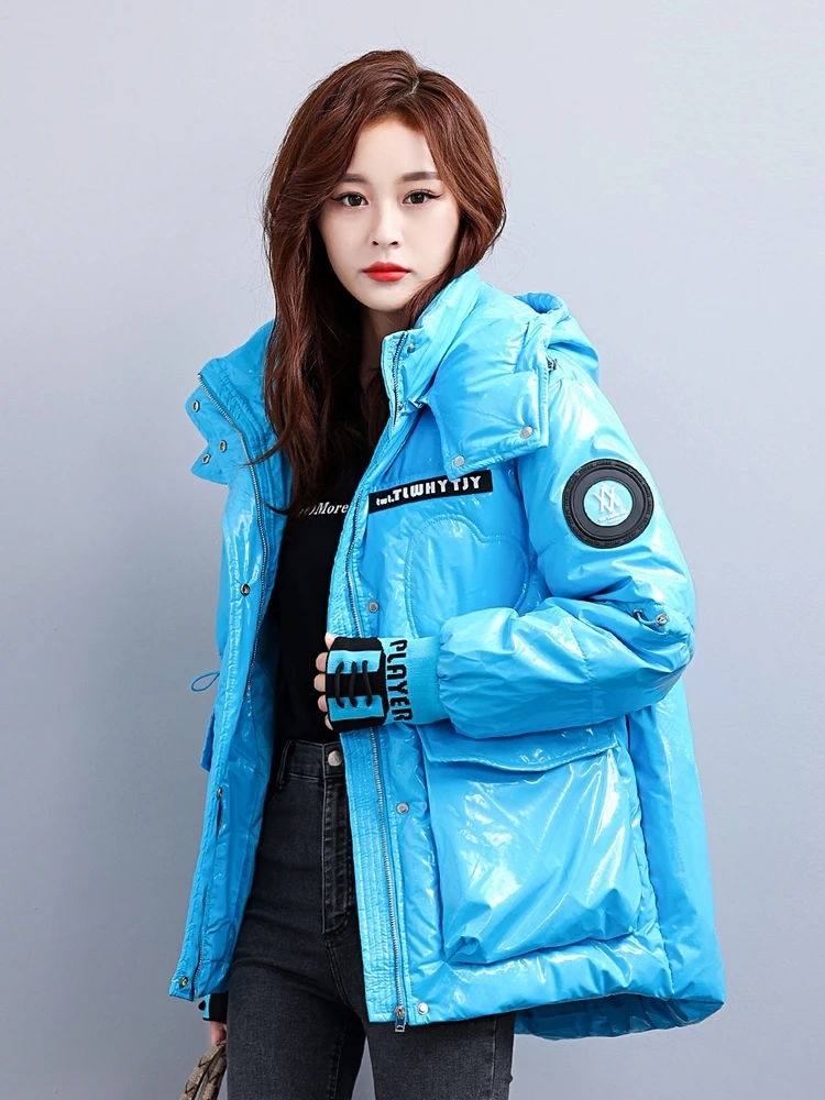 

Korean Fashion Winter Short Jacket Women Waterproof Shiny Candy-Colored White Duck Down Coat Female Loose Hooded Parker Overcoat